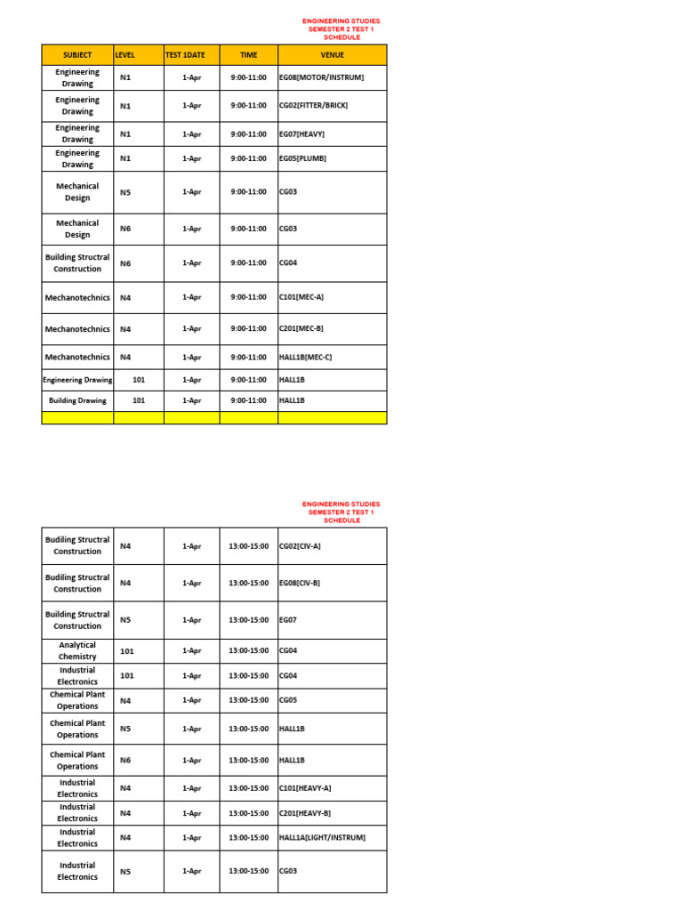 Engineering Test 1 Schedule 2026 s1 | PDF | Science | Chemistry