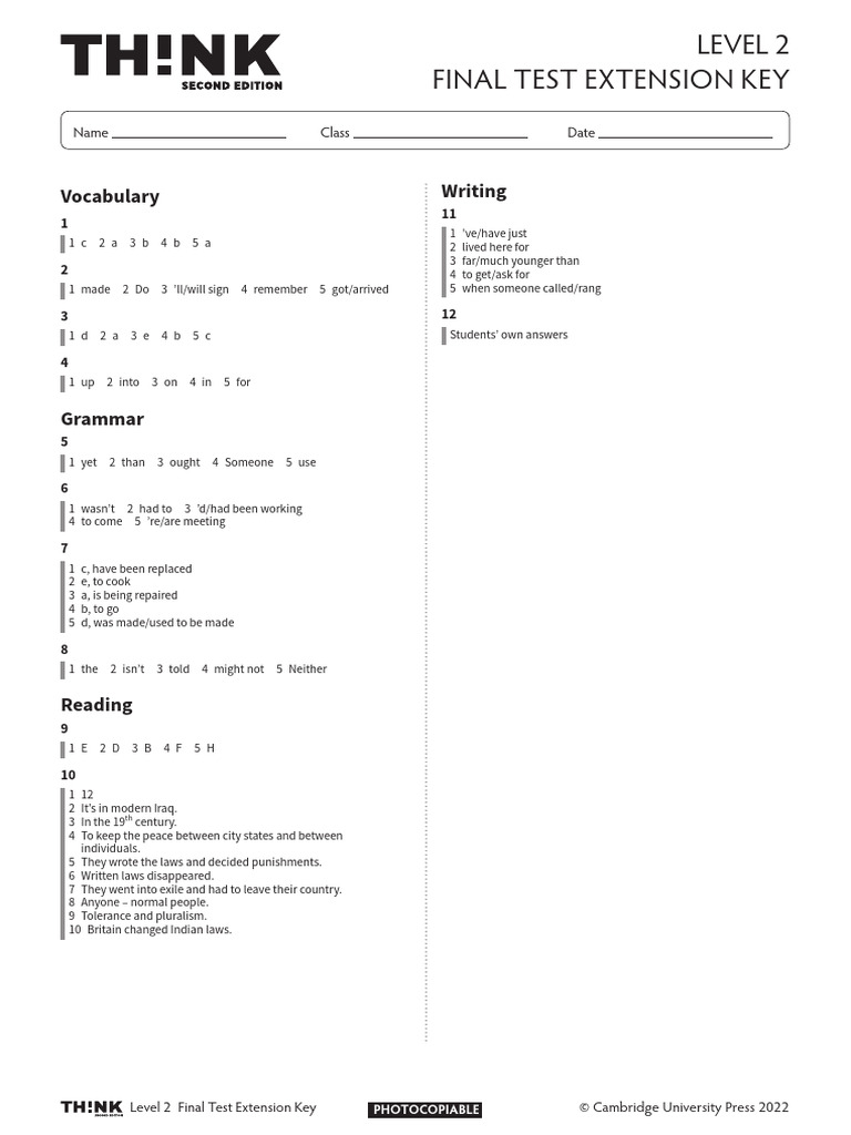 Thk2e BrE L2 Final Test Extension Answer Key | PDF