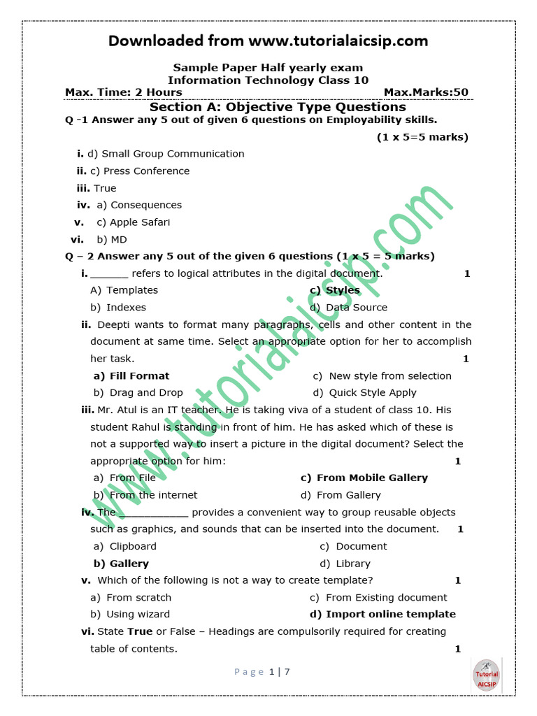 Sample Paper Half Yearly Exam IT Class 10 (AK) | PDF | Spreadsheet ...