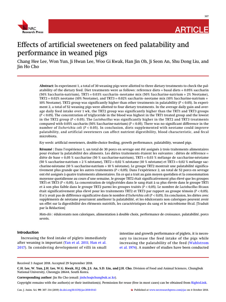 Effects of Artificial Sweeteners On Feed Palatability and Performance ...
