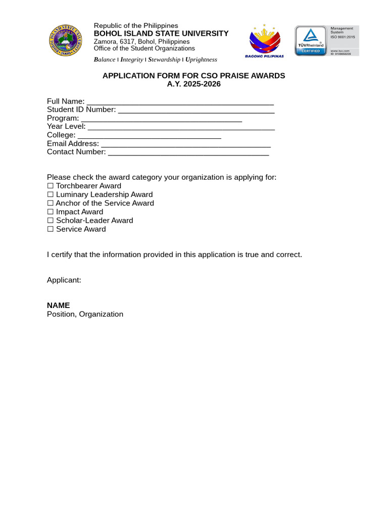 Application Form Graduating Student Leader | PDF