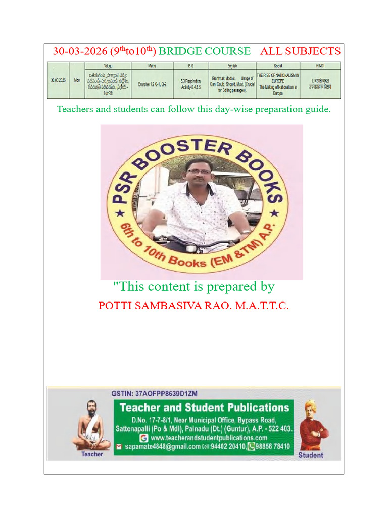 30-03-2026 Bridge Course 9th To 10th Class (ALL SUBJECTS) - PSR | PDF