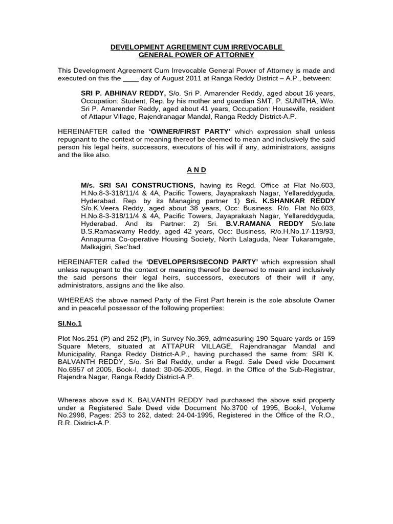Development Agreement Cum Irrevocable | PDF