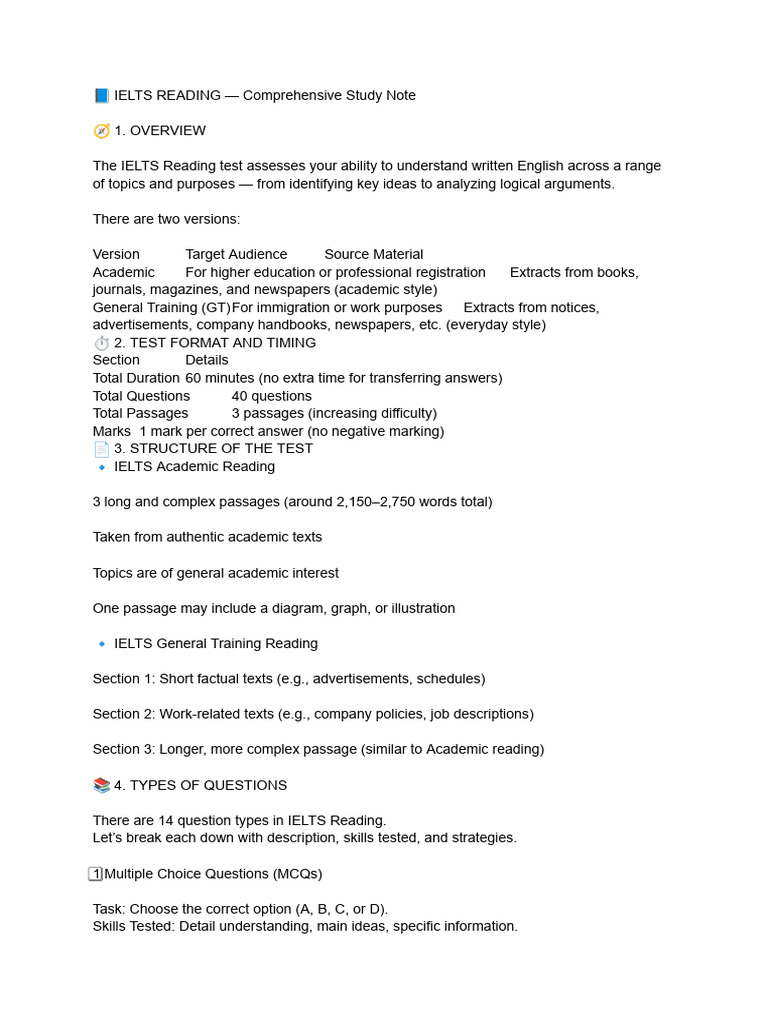 ? IELTS READING - Comprehensive Study Note-1 | PDF | International ...