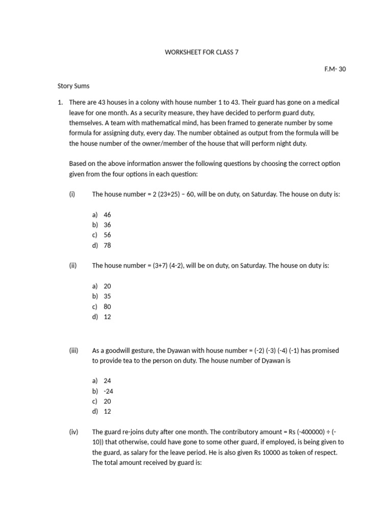 Revision Worksheet For Class 7 | PDF
