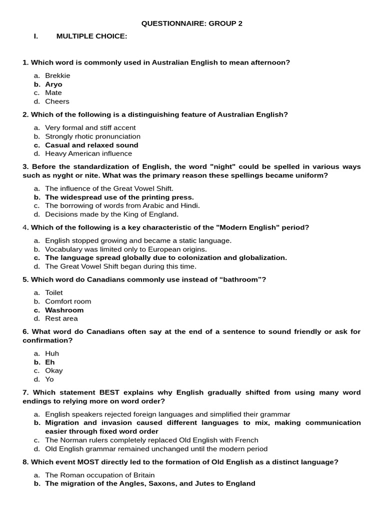 Questionnaire Group 2 | PDF | English Language | Languages Of Europe