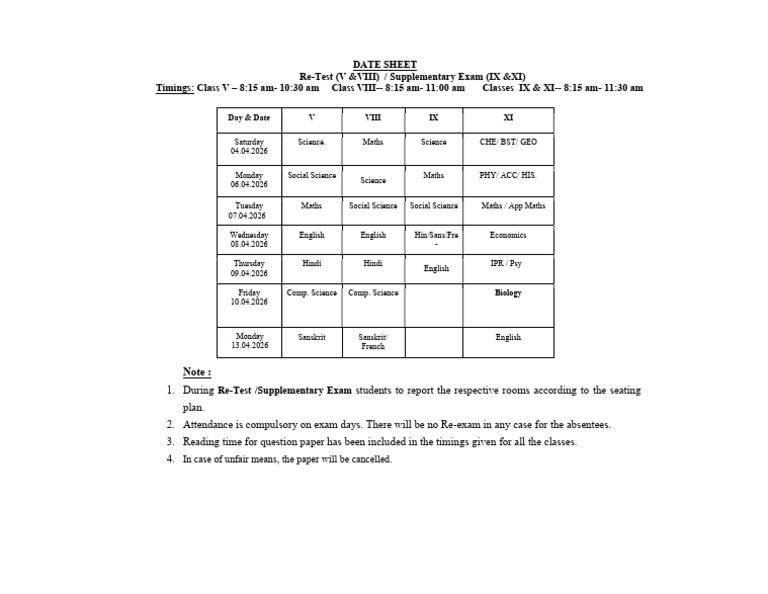 Re-Test Time Table For 2025-26 | PDF