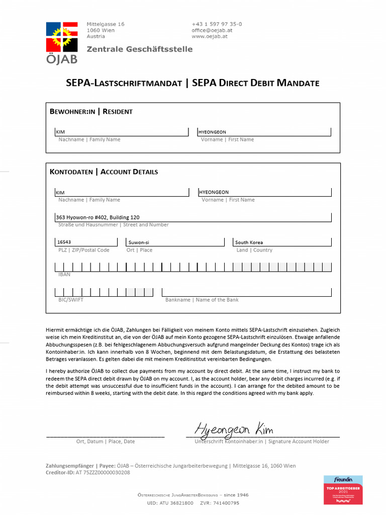 ÖJAB-SEPA-Lastschrift-Formular D - e | PDF