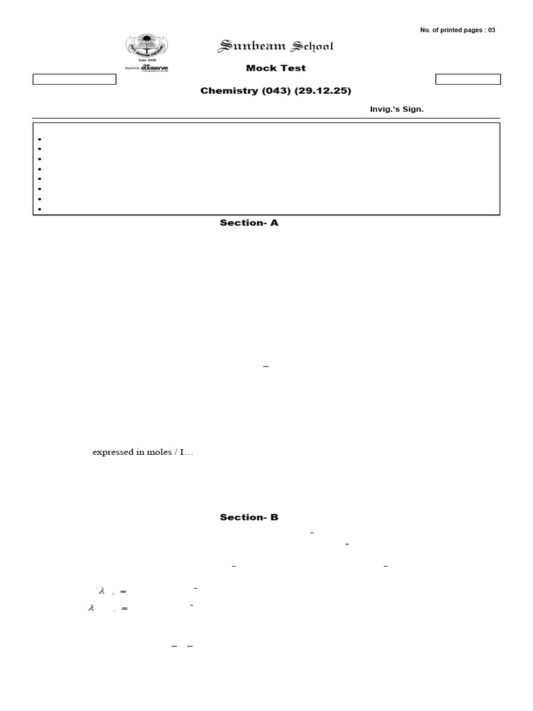 Xii Mock Test Chemistry | PDF | Chemical Reactions | Acid