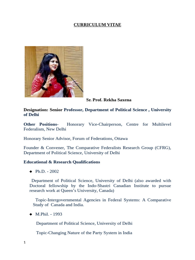 Sr. Prof. Rekha Saxena - CV - May 2024 | PDF | Politics Of India ...