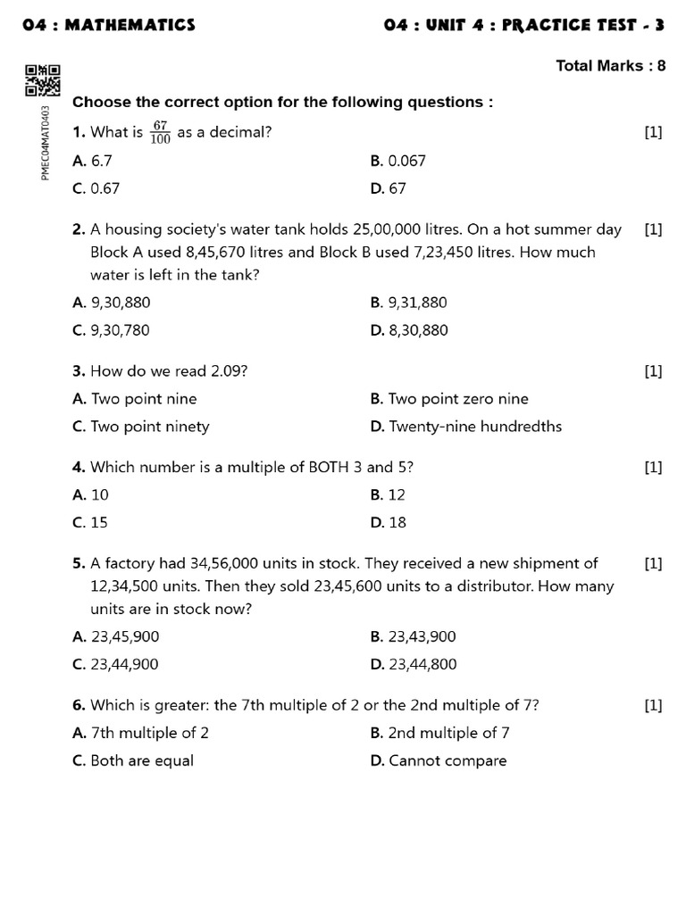 PMEC04MAT0403 - MAT044 - Unit 4 - Practice Test | PDF