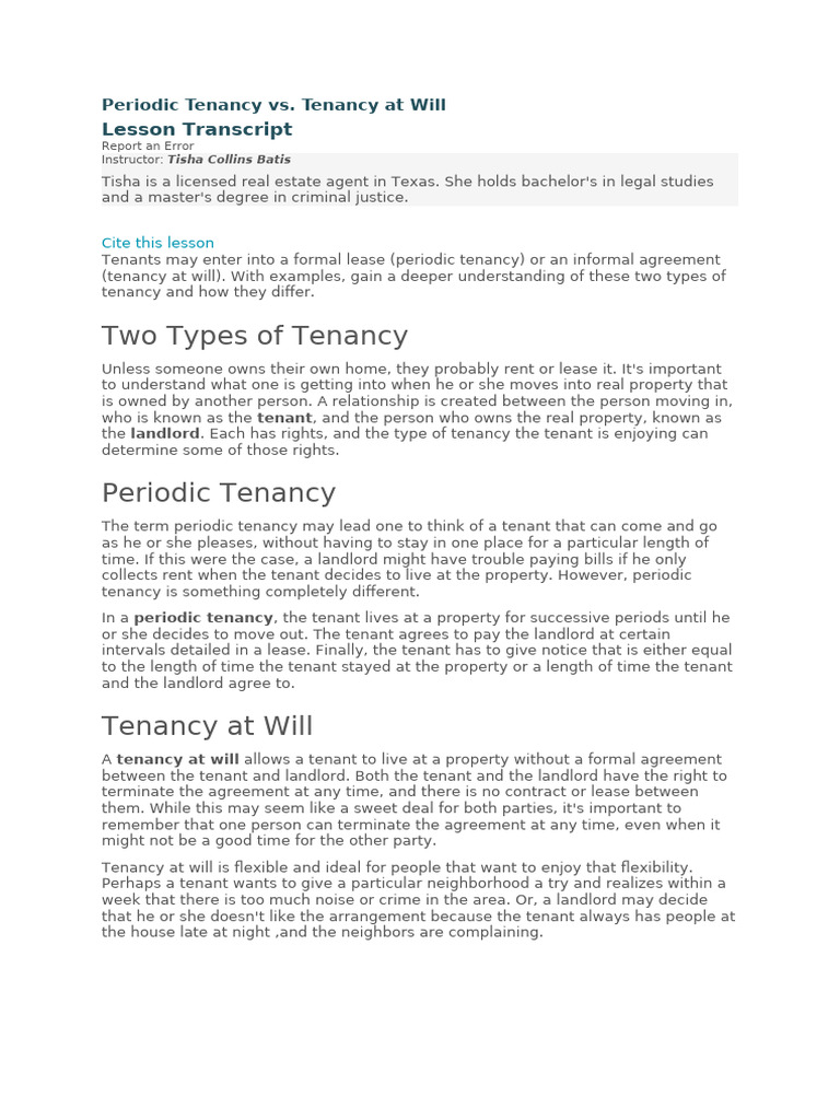Periodic Tenancy Vs Tenancy at Will | PDF