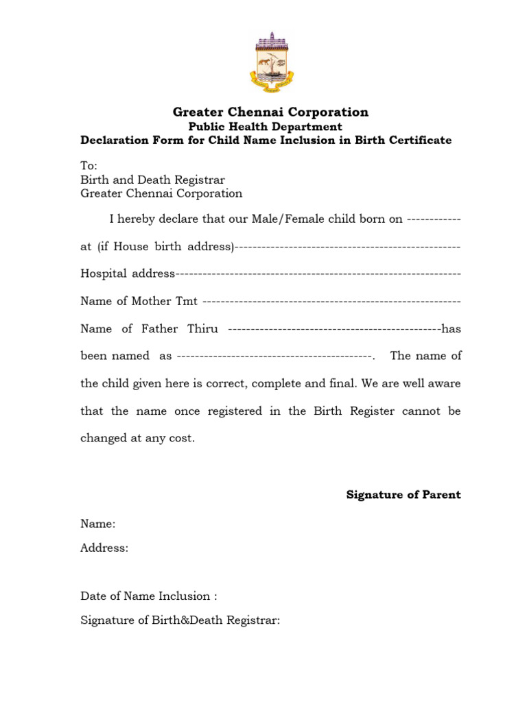 AffDeclarationEng Declaration Form For Child Name Inclusion in Birth ...