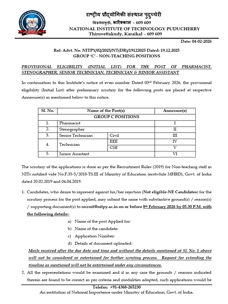 NT - Provisionally Eligible Candidates (Initial List) - Group C Posts ...