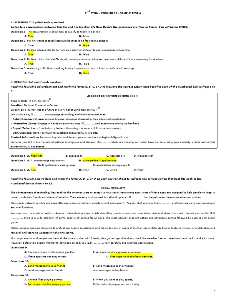 Sample Test 4 - Key | PDF | Mobile App | Artificial Intelligence