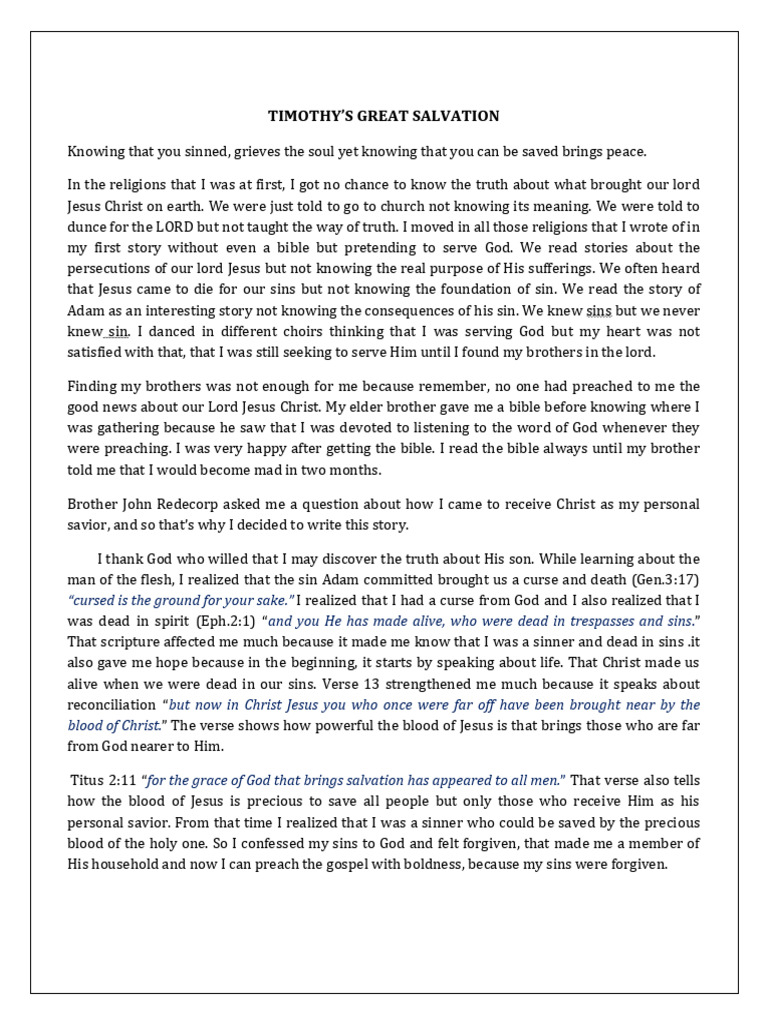 Timoty's Great Salvation | PDF | Jesus | Salvation