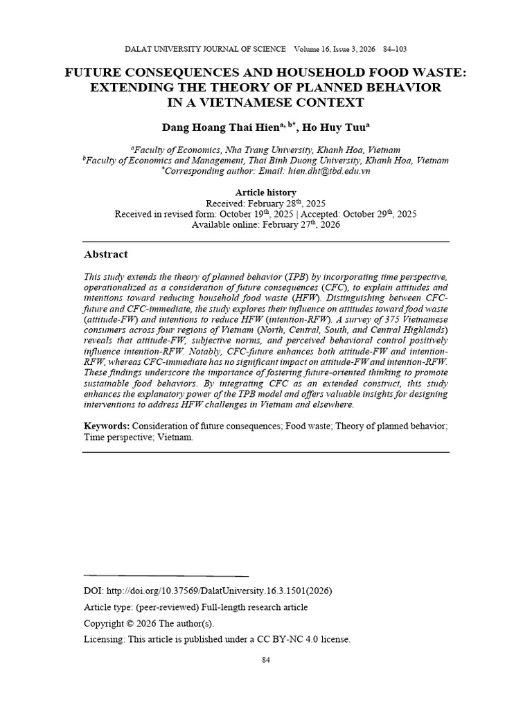 Future Consequences and Household Food Waste Exten | PDF | Attitude ...
