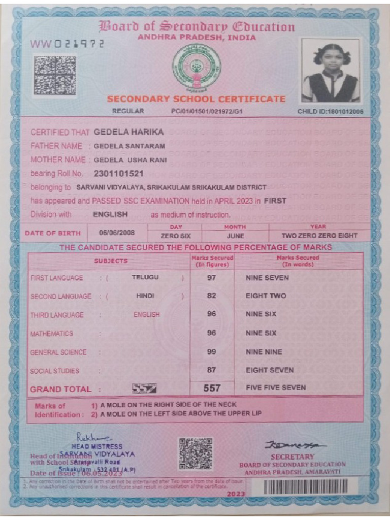 G Harika 10th Class Marklist | PDF