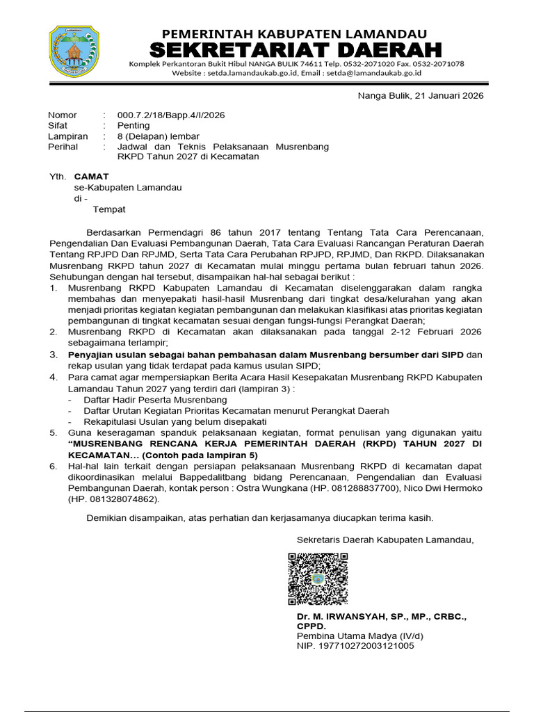 Surat Sekda Kepada Camat TTG Pelaksanaan Musrenbang RKPD | PDF