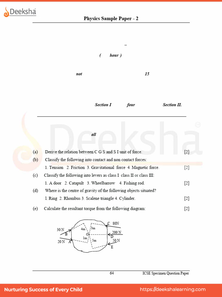 ICSE Class 10 Physics Sample Papers 2 2021 | PDF | Force | Waves