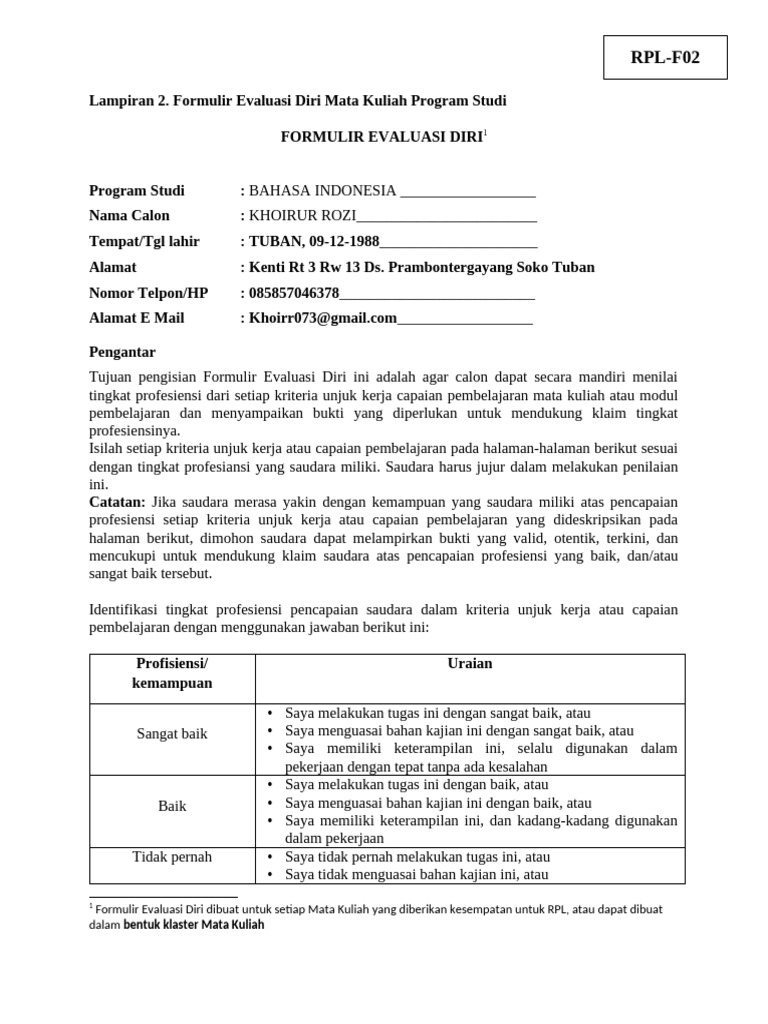 Formulir Evaluasi Diri (RPL-F02) | PDF