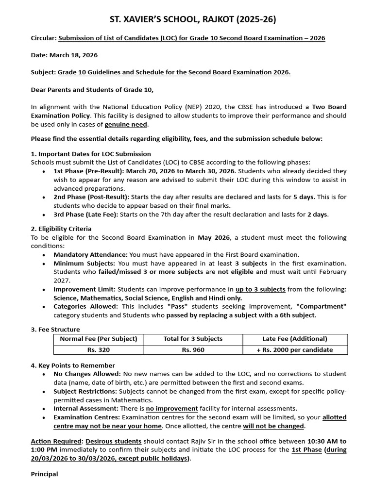 Circular Submission of List of Candidates (LOC) For Class X Second ...