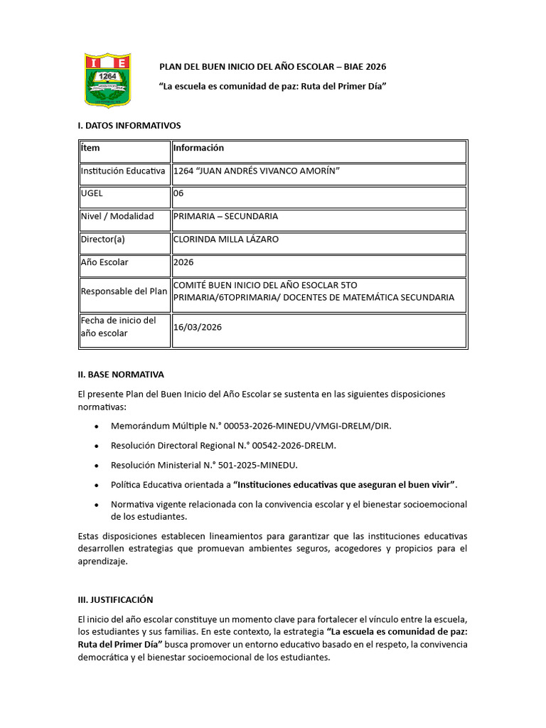 Plan Del Buen Inicio Del Año Escolar | PDF | Escuelas | Salón de clases