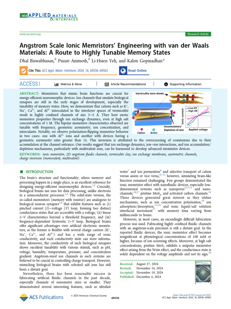 Angstrom Scale Ionic Memristors Engineering With Van Der Waals ...