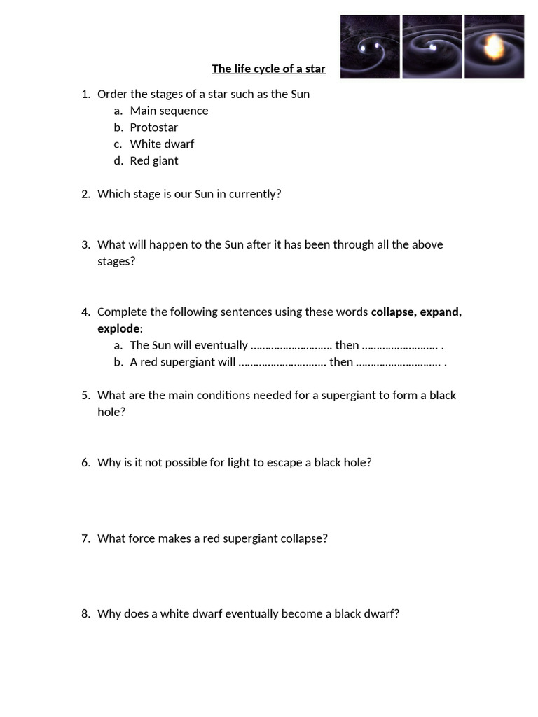 The Life Cycle of A Star Worksheet | PDF