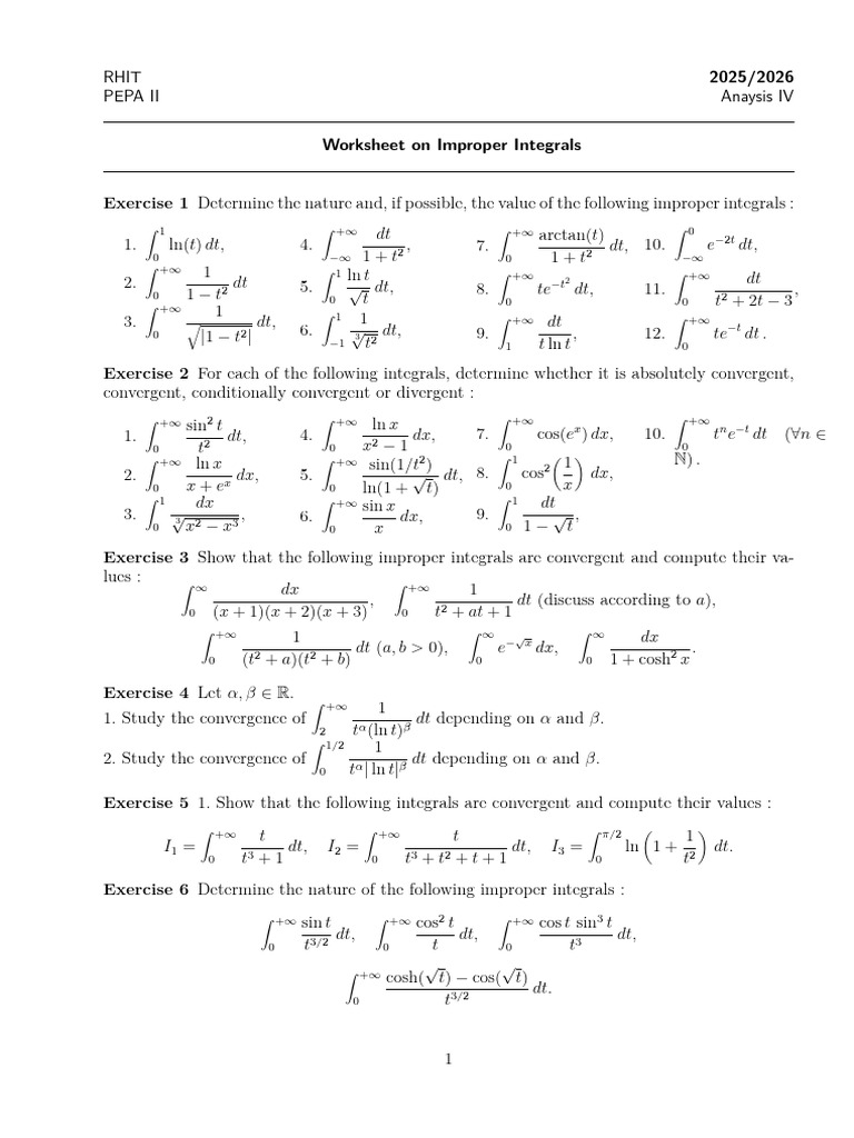Worksheet Improper Integrals | PDF | Function (Mathematics) | Calculus