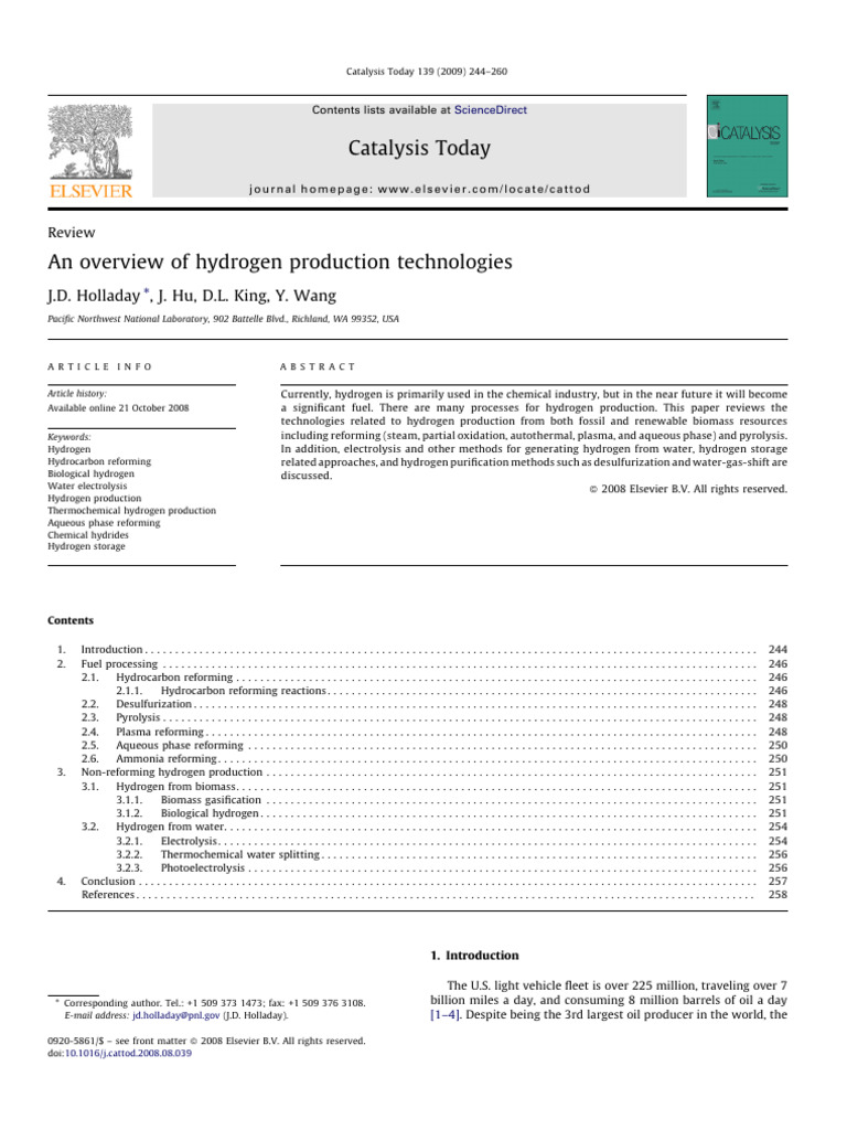 An Overview of Hydrogen Production Technologies | PDF | Catalysis ...