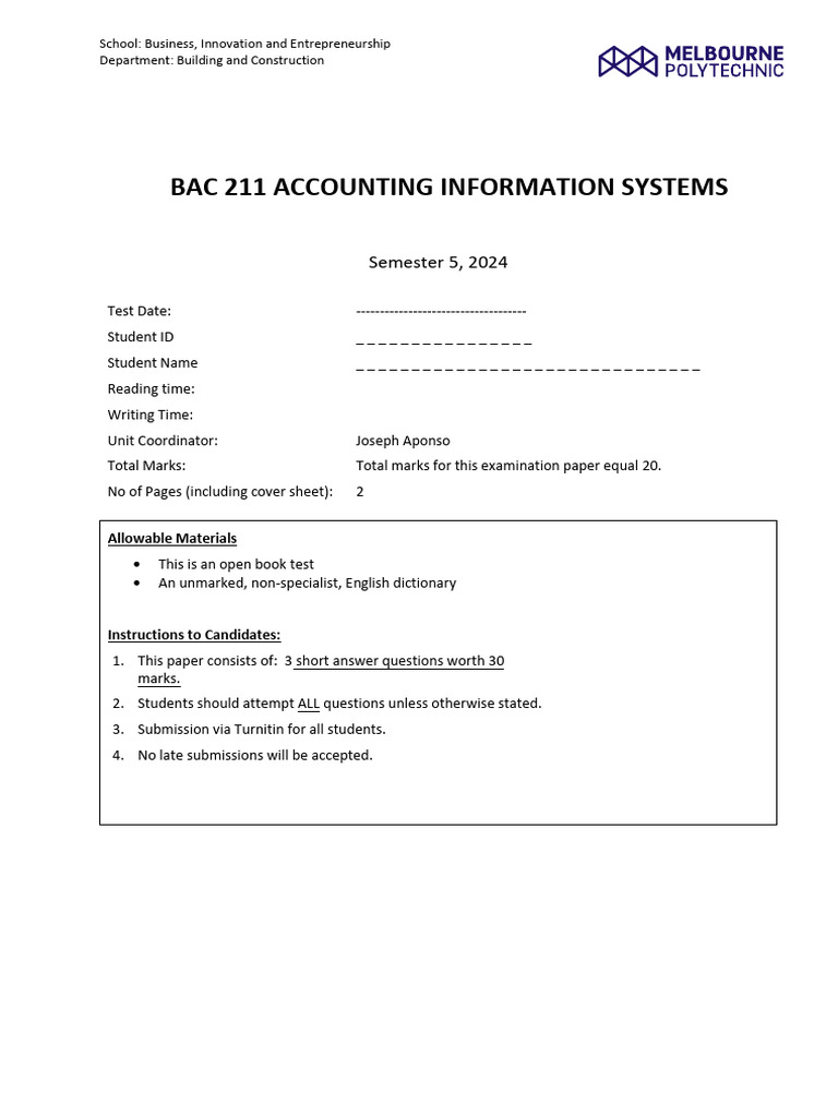 Assessment 1 BAC 211 - Class Test AIS | PDF | Relational Model ...