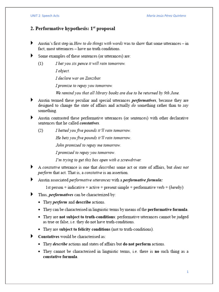 Unit 2.2a - Speech Acts - Performative Hypothesis (1st Proposal) | PDF