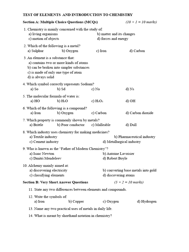 6-Test of Elements and Introduction To Chemistry | PDF | Chemical ...