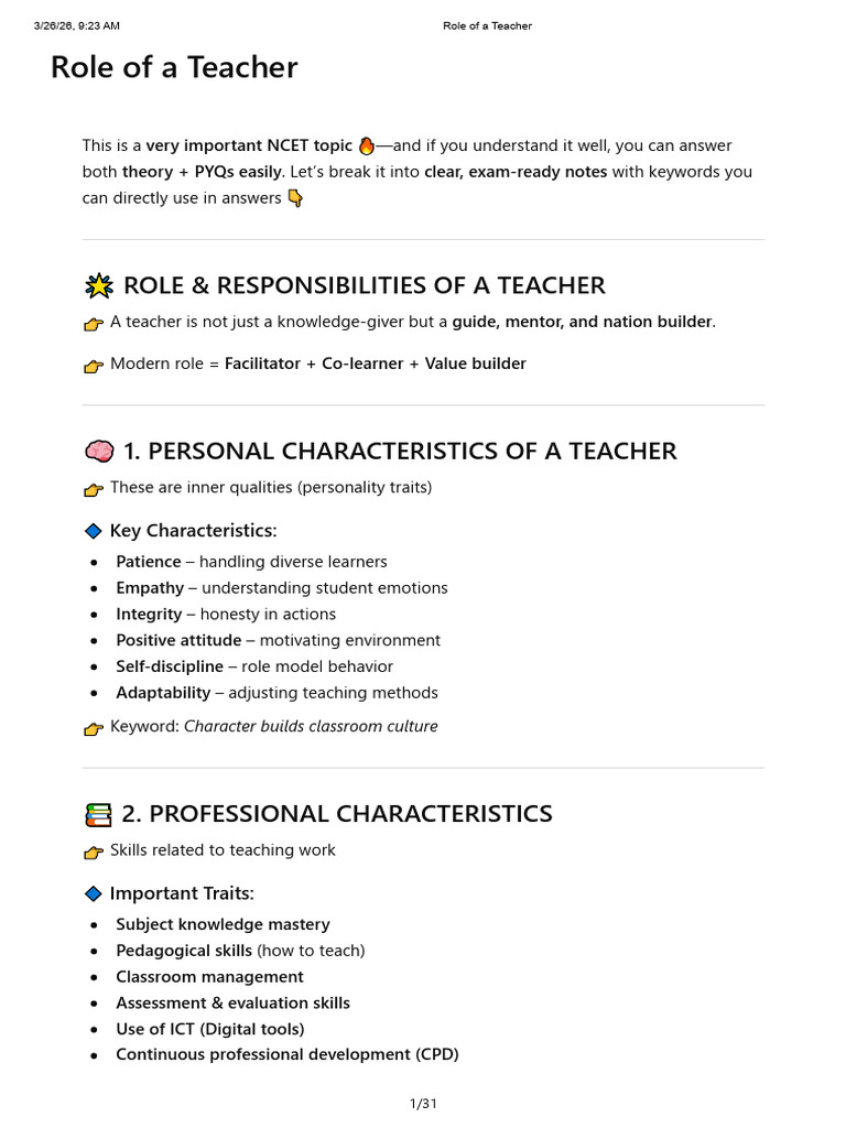 Role of A Teacher | PDF | Teachers | Mentorship