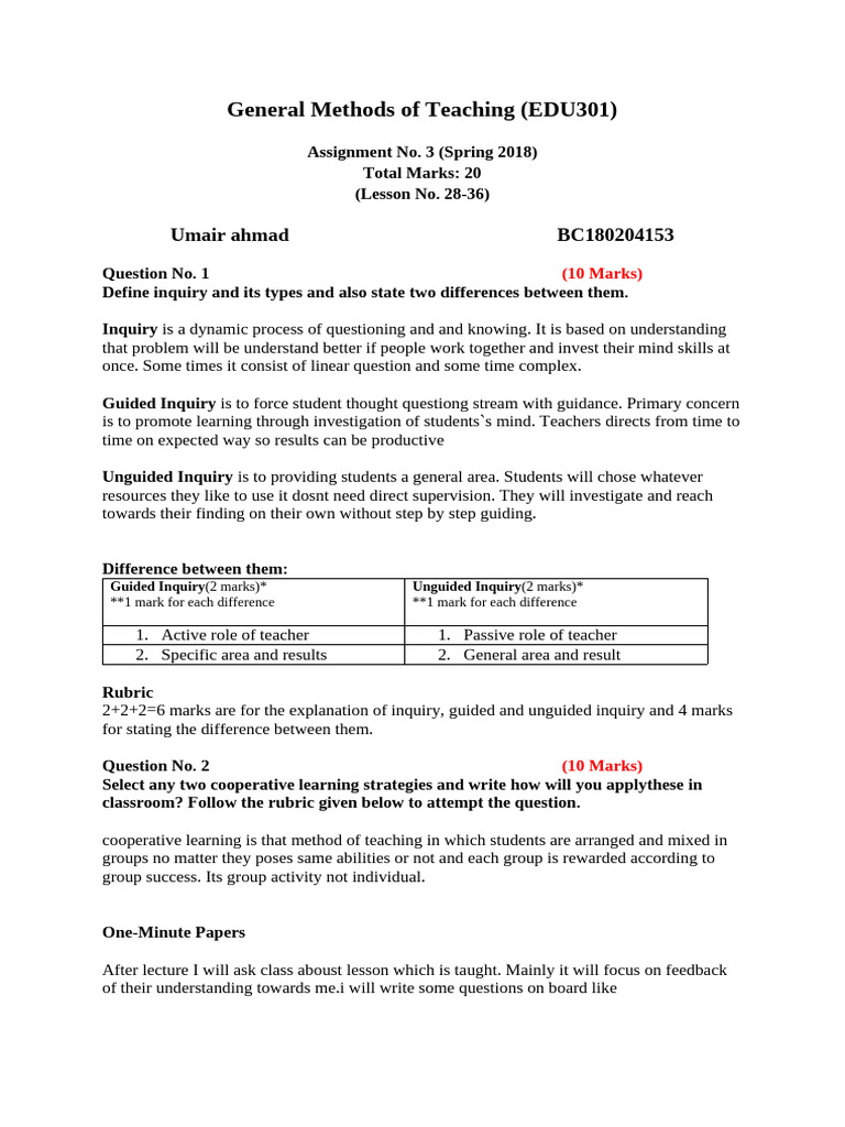 Spring 2018 - EDU301 - 3 | PDF | Inquiry | Teachers