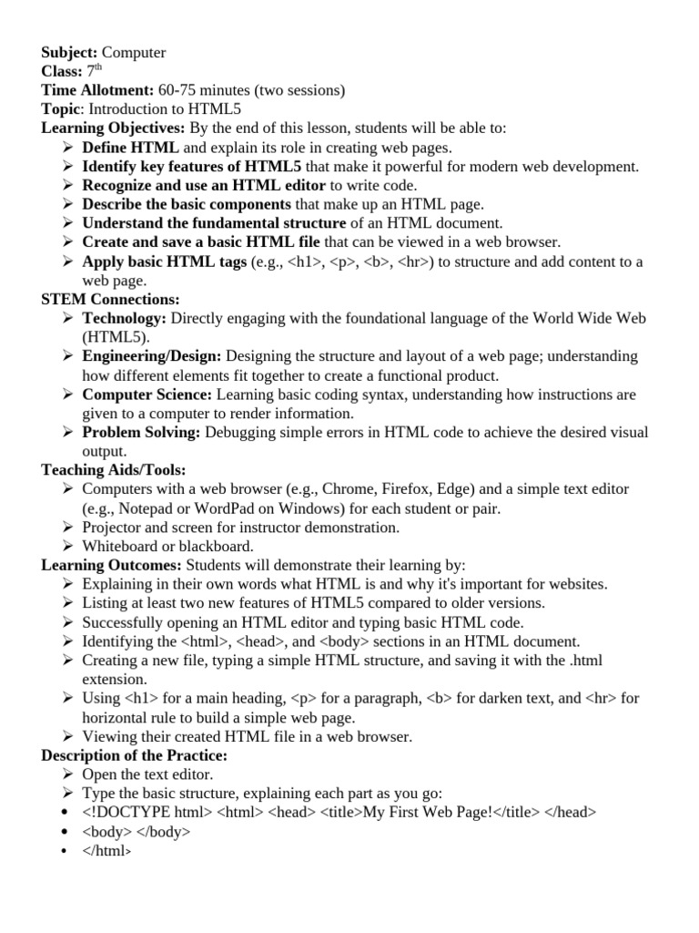 Stem Based Lesson Plan For Class 7 | PDF | Html | World Wide Web