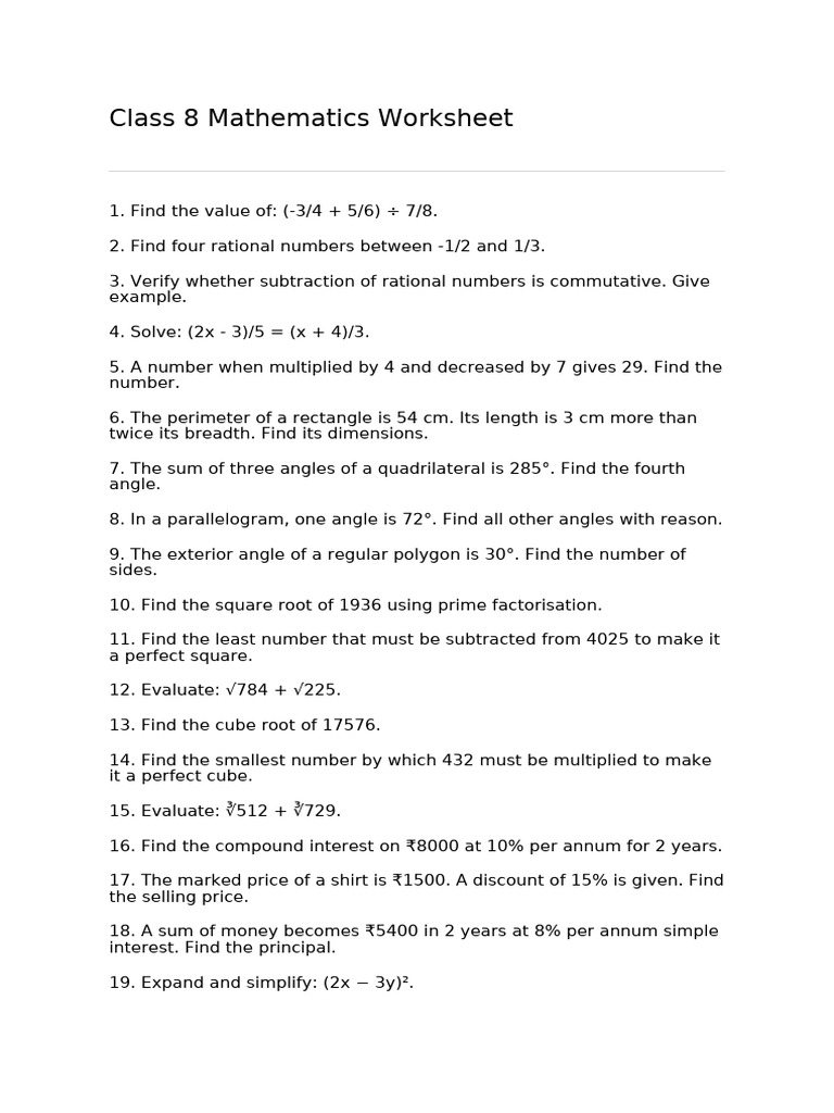Class 8 Maths Worksheet Final | PDF
