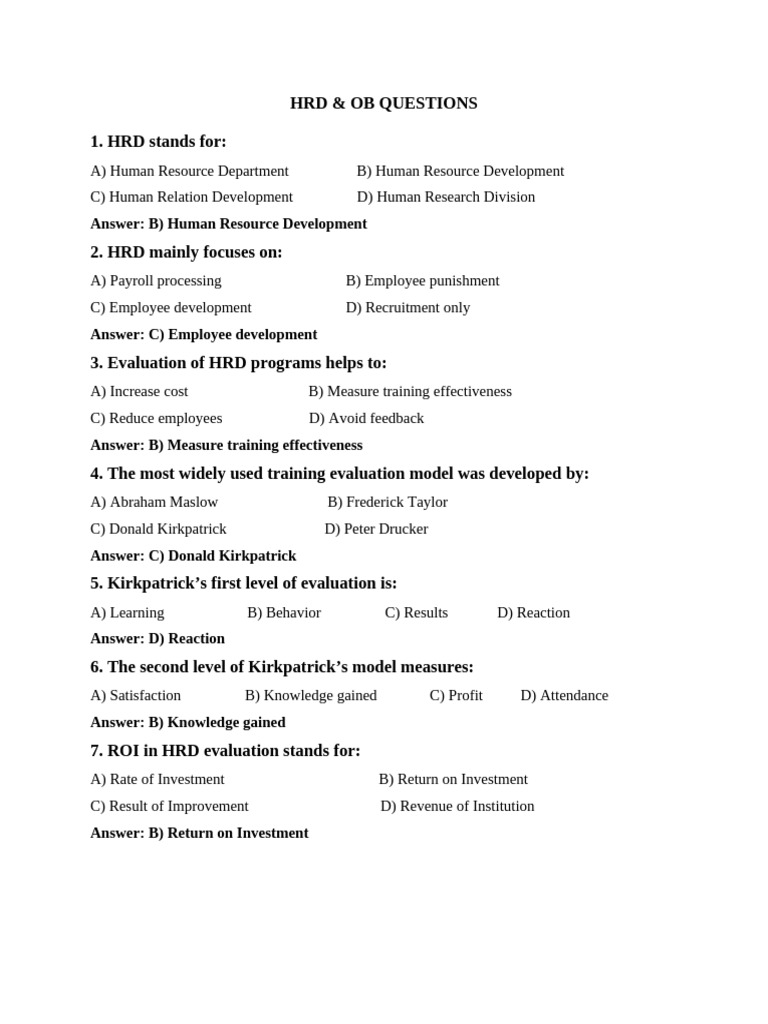 HRD & OB Objective Questions | PDF | Employment | Recruitment