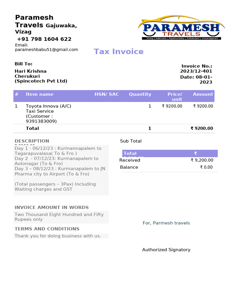 Tax Invoice: Paramesh Travels | PDF