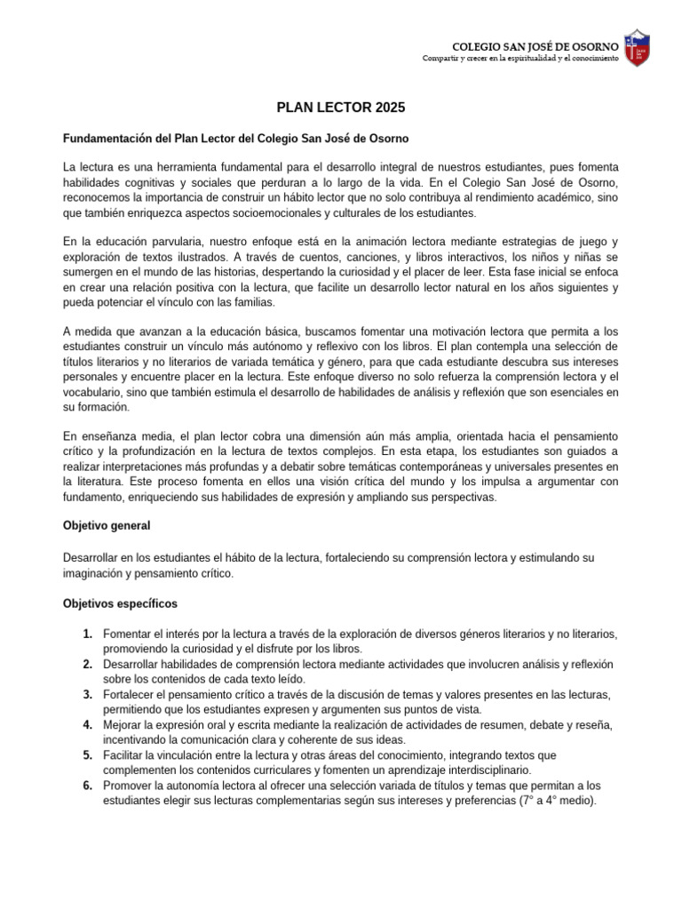 Plan Lector 2025 | PDF | Educación de la primera infancia | Comprensión ...