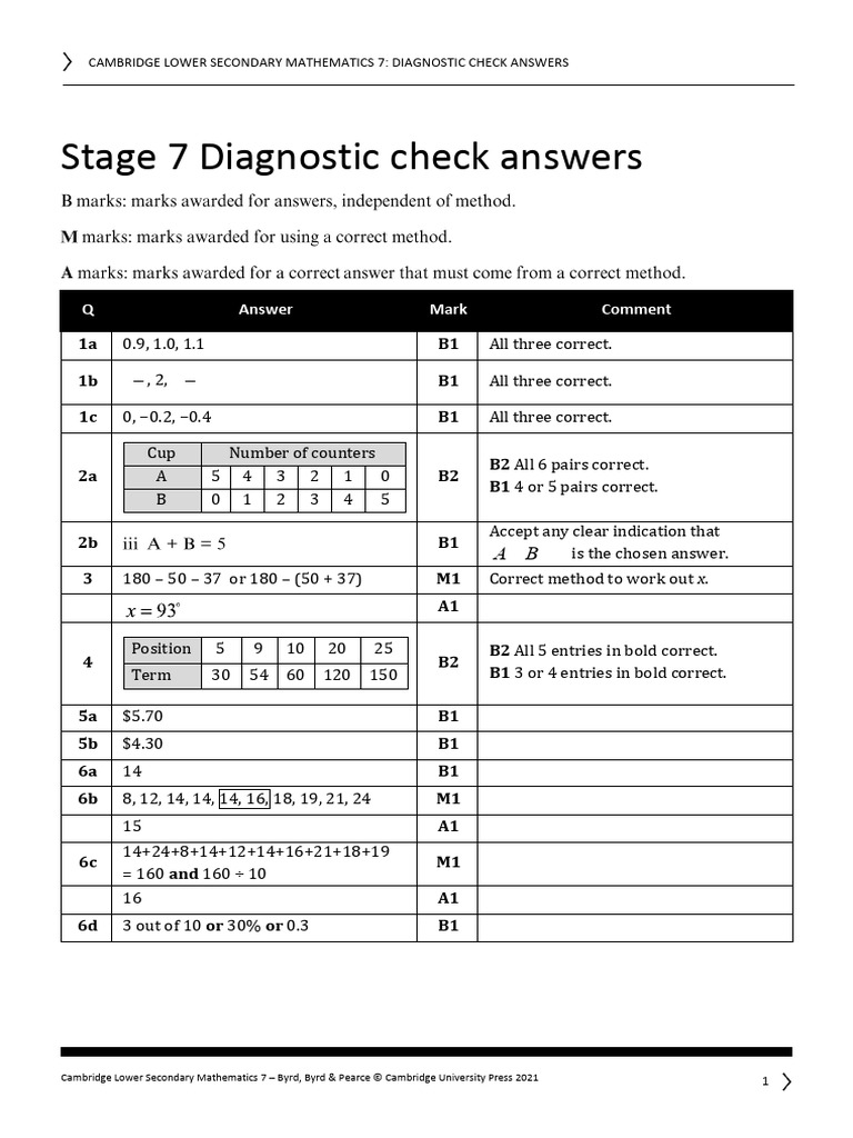 Stage 7 Diagnostic Check Mark Scheme | PDF | Mathematics | Discrete ...