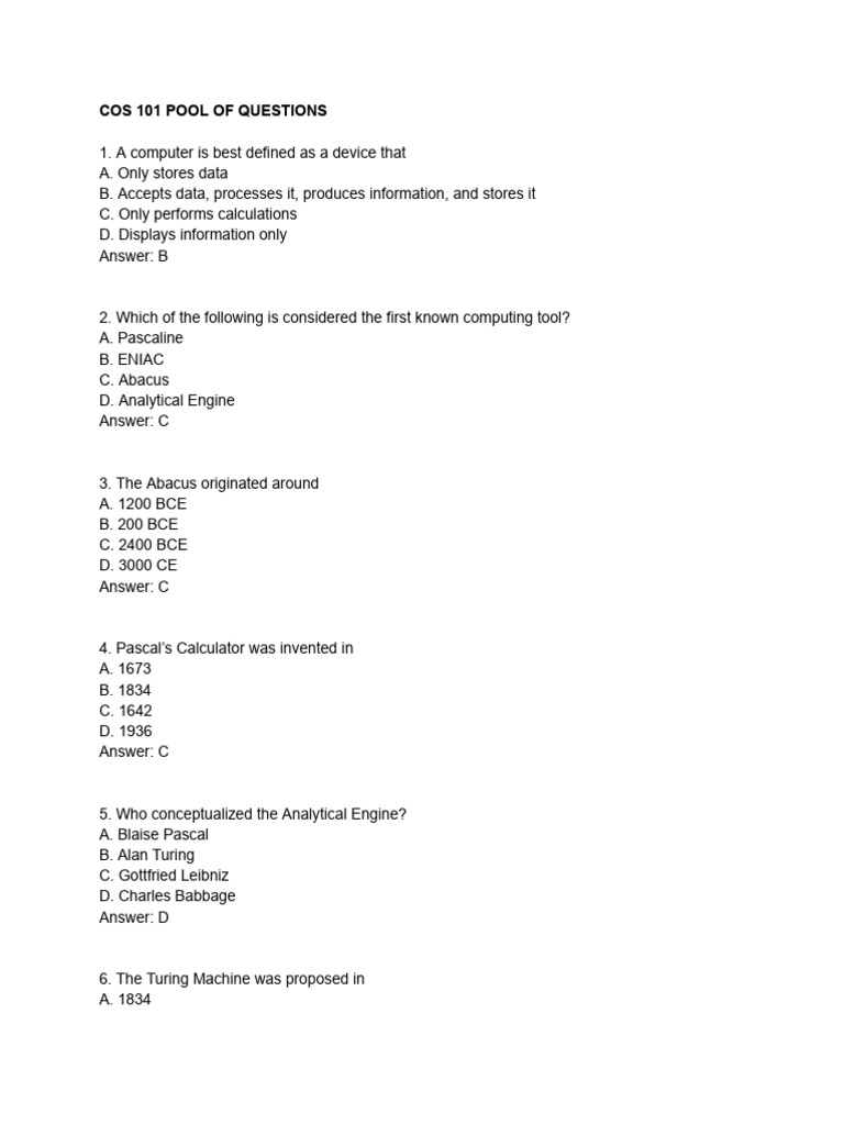 Cos 101 Pool of Questions | PDF | Operating System | Peripheral