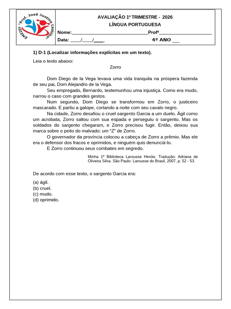 Avaliação de Língua Portuguesa - 1º Trimestre | PDF | Leão