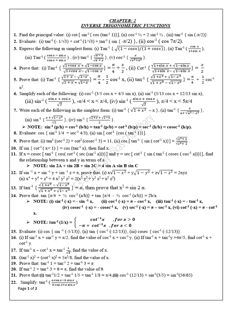 Worksheet of Ch. 2 Inverse Tri. Fun. | PDF | Trigonometric Functions ...