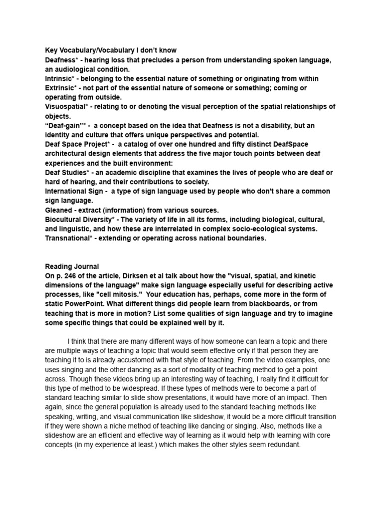 'Deaf Gain' Reading Journal | PDF | Sign Language | Deafness