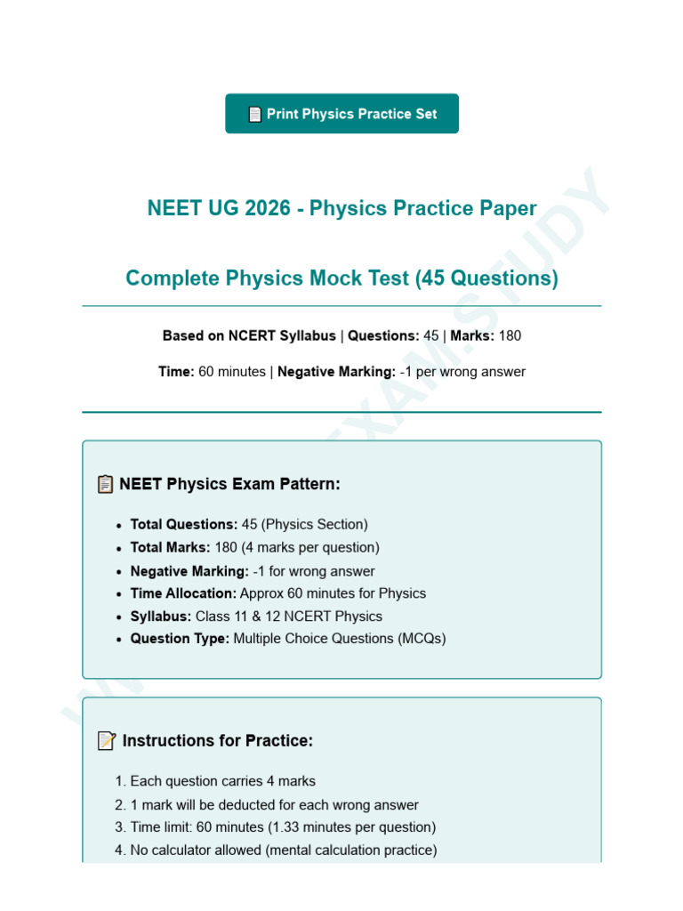 NEET UG 2026 - Physics Practice Set 1 (45 Questions) | PDF | Force ...