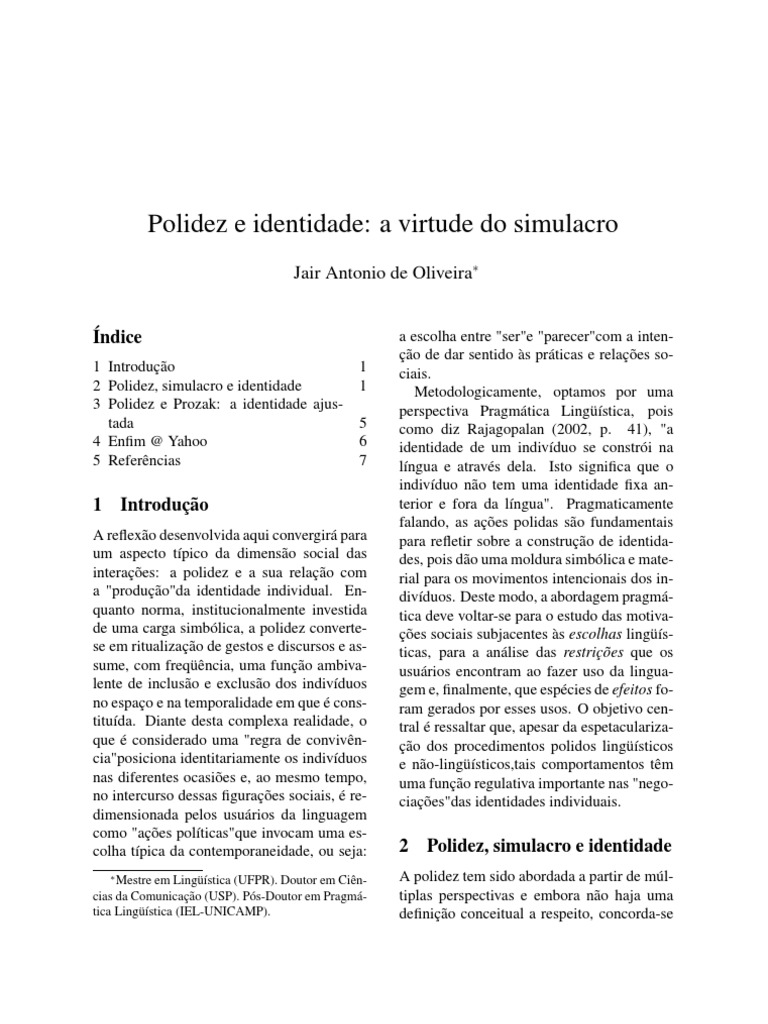 Polidez e Construção da Identidade | PDF | Sociologia | Psicologia