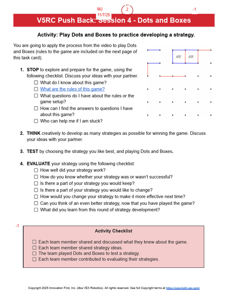 V5RC Push Back-Session 4 Task Card - Dots and Boxes | PDF | Chess ...