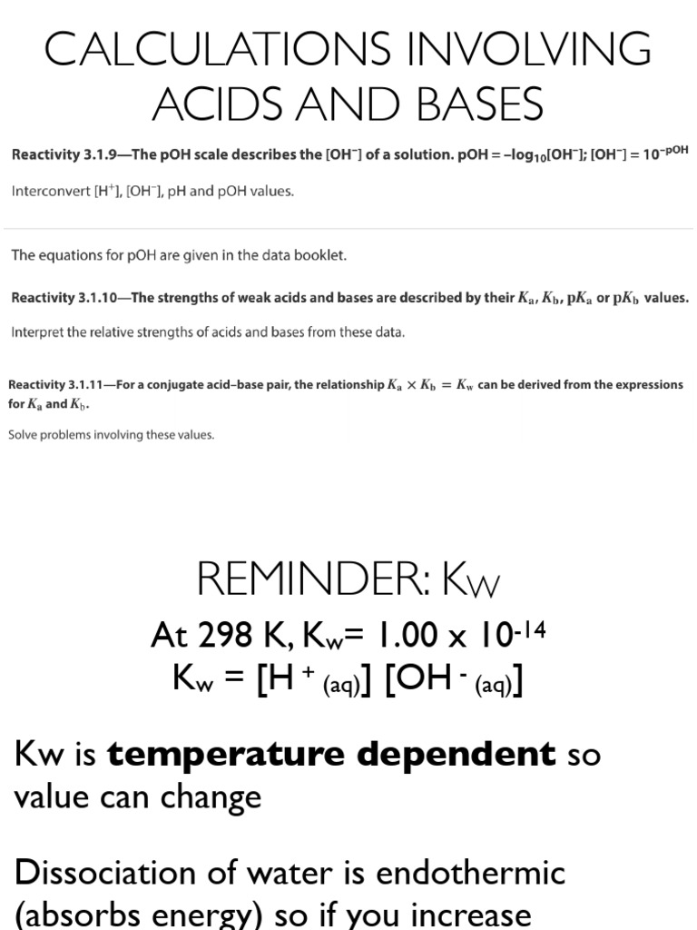 6 - Calculations For Acids and Bases | PDF | Ph | Dissociation (Chemistry)